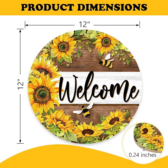 Welcome Spring Summer Sunflower Front Door Sign, Flower Bumble Bee Wood Door Hanger Outdoor Outside Porch Decor, Floral Honey Farmhouse Wooden Wreath Indoor Wall Hanging Decoration
