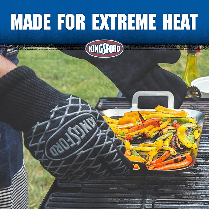 Kingsford Heat Resistant BBQ Grill Gloves, Aramid Fiber and Silicone Grip, Five Finger Gloves for Grilling, Baking, Frying, Smoker and Fire Pit Outdoor Use, One Size - 2 Count