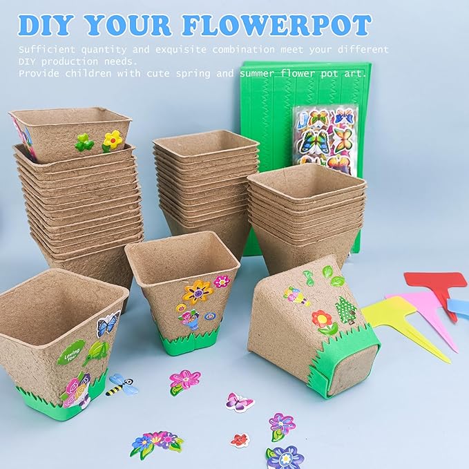 40 Set Garden Paper Pot Craft Kit, Seed Starter Pots with Adhesive Foam Stickers and Pot Labels, Seed Starter Pots for Kids Spring Summer Early Graduation DIY Crafts