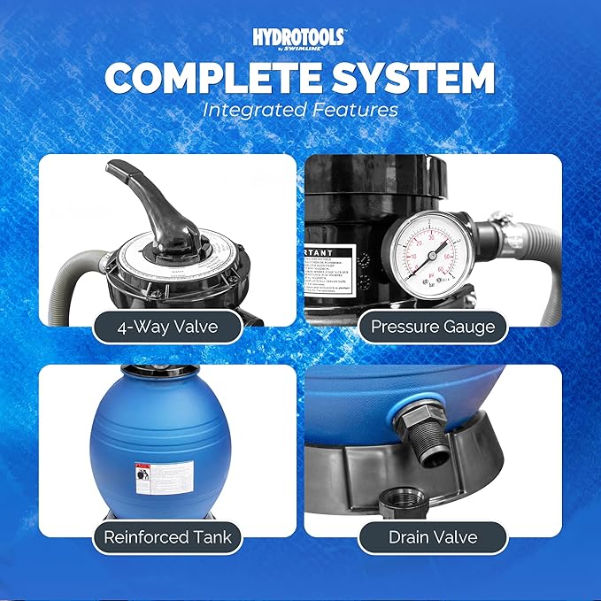 SWIMLINE HYDROTOOLS 12 Inch Pool Sand Filter Pump For Above Ground Inground Intex Bestway Pools | Complete System 1/3 HP (0.3 THP) Horsepower 1980 GPH Pumps | For Pools Up To 9000 Gallons | 71233