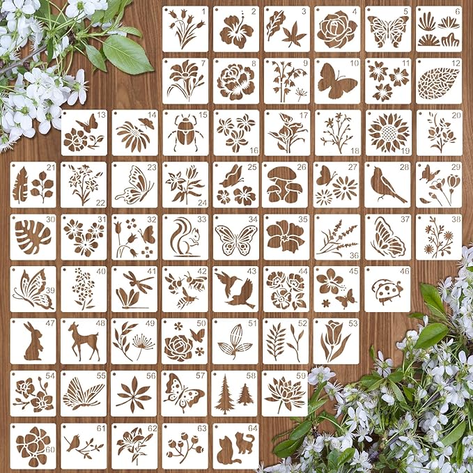 64 PCS 5 Inch Flower Stencils, Plant Butterfly Reusable Plastic Paint Templates for Painting on Wood, Botanical Birds Animal Forest Theme Stencils Set for Wall Rock Canvas Drawing Art Fabric Tile Home
