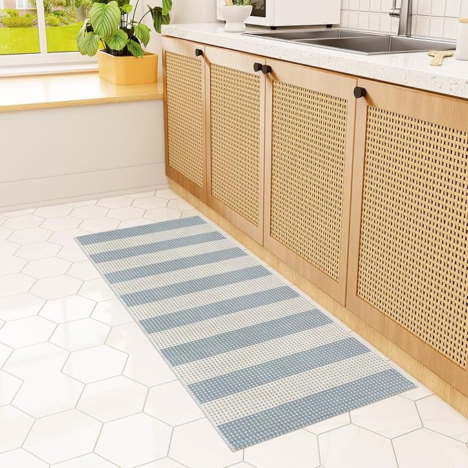 Boho Striped Outdoor Mats for Front Door 2'x4.3',Blue and Cream Washable Rug Runner,Cotton Hand Woven Indoor Outdoor Rugs,Foldable Farmhouse Layered Door Mats for Entryway