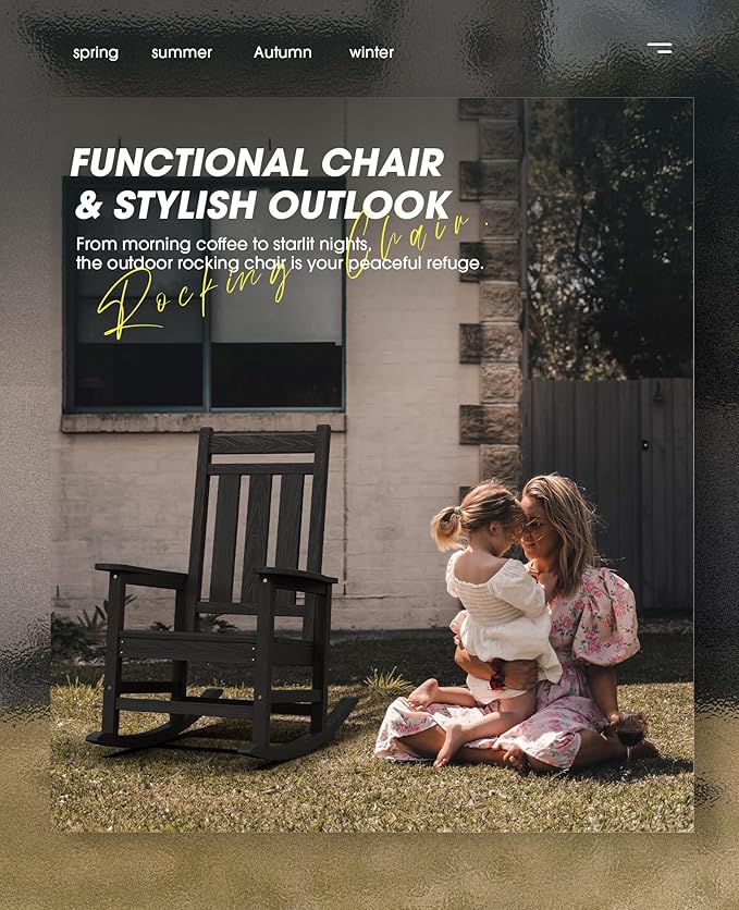 KINGYES Outdoor Rocking Chair, All-Weather Patio Rocking Chairs for Porch, HDPE Rocking Outdoor Chairs with High Back for Adult, Heavy Duty Outdoor Patio Rockers for Garden, Lawn, Black