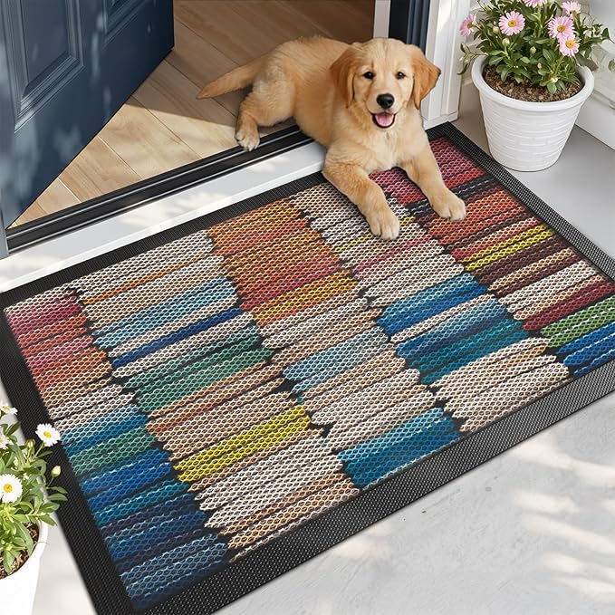 LUMI Outside Door Mat 24x36, Non Slip Rubber Backing Doormat, Low Profile Easy Clean Entrance Mats for Front Back Door Entryway Porch Garage, Colored Cloth