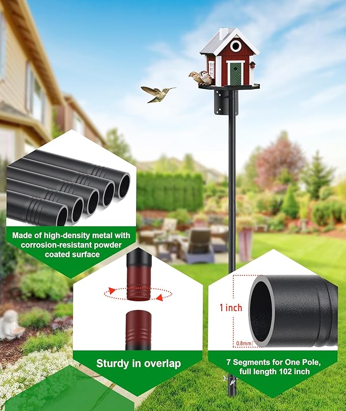 Heavy Duty Bird Feeder Pole - 109 Inch Tall Adjustable Bird House Pole with Auger Base for Easy Install, 1 Inch Diameter Metal Mount Kit for Bluebird Houses, Hummingbird Feeders & Wildlife Watching