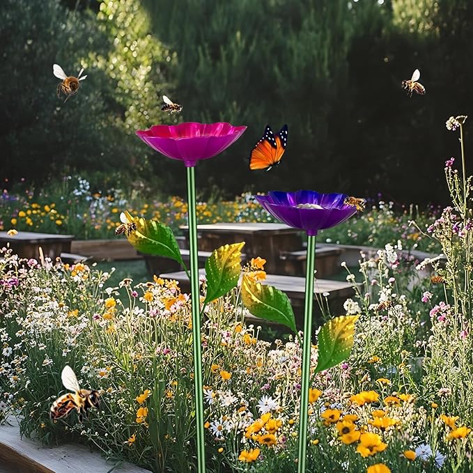 Bee Watering Station,2 Pack Butterfly Drinking Station with Flower Design for Garden,Colorful Metal Flying Insects Feeder Baths for Garden Yard Decor (Red,Purple)