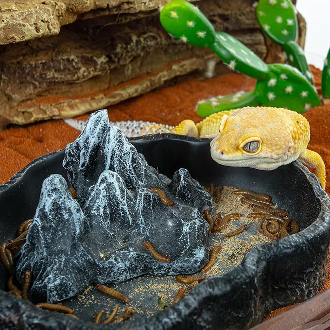 2 Pack Large Reptile Food Bowl and Water Bowl Set, Drowning Prevention Reptile Water Dish and Food Dish with Simulated Rockery, Terrarium Decoration Bowls