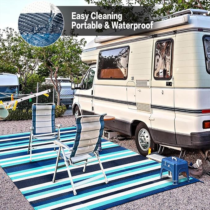 HUGEAR Outdoor Waterproof Rug 9'x12' Plastic Straw Rugs Washable Reversible Floor Mat Blue Stripe Carpet for Camping RV Deck Entryance Porch Picnic Balcony Beach Backyard