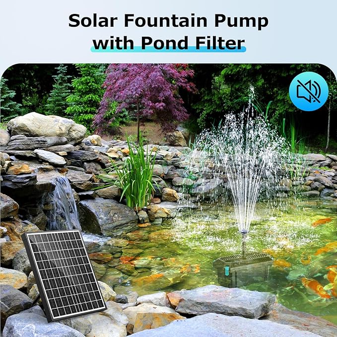 POPOSOAP Solar Pond Filter with Fountain Pump, 20W Solar Powered Water Pump and Pond Filters for Outdoor Ponds Fish Tank Garden Pool Water Feature Waterfall