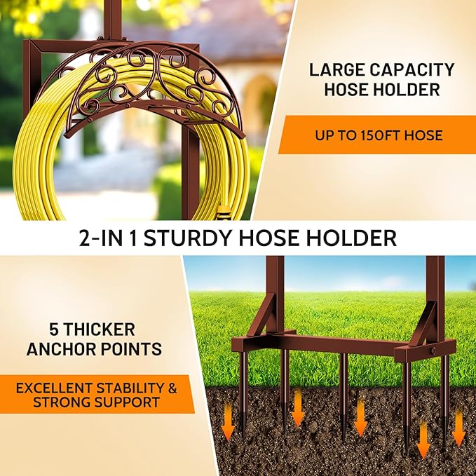 Garden Hose Holder - Upgraded Water Hose Holders for Outside with 5 Spikes & 2 Shepherds Hooks, Freestanding Hose Stand Hose Hanger Hose Storage Hose Reel Rack for Yard Lawn(Brown)