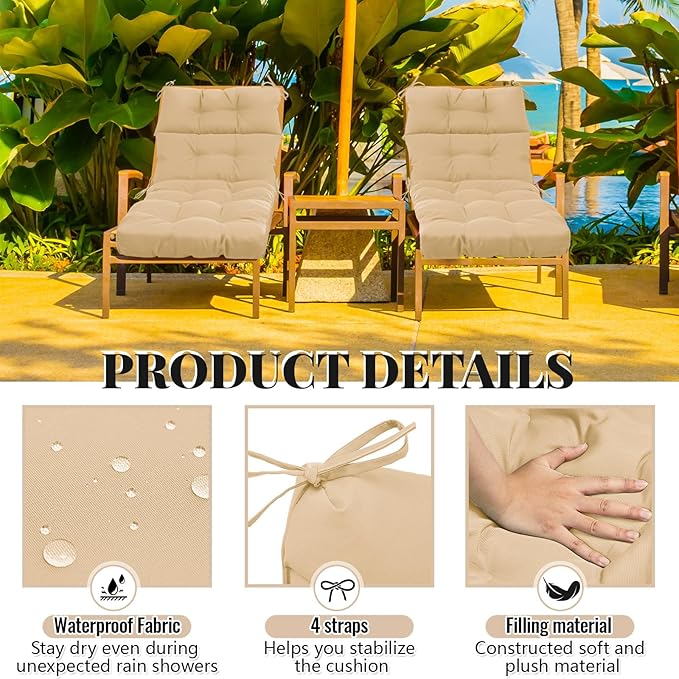 Kigley 2 Pcs Chaise Lounge Cushions 75 x 22 x 5 Inches Soft Lounge Chair Cushion Spring/Summer Seasonal Replacement for Outdoor Indoor Home Office (Beige)