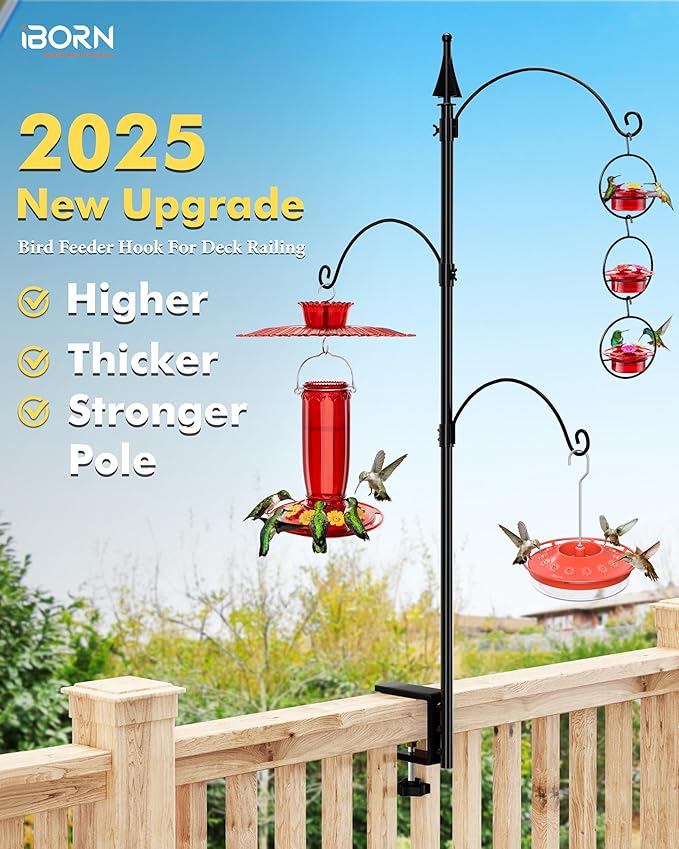 iBorn Bird Feeder Hook for Deck Railing Outside Hanging for Hummingbird Feeders Deck Hanger,3 Hooks 360 Degree Swivel,Attracting Birds Shepard Hook for Bird Feeders (Feeders are Not Included)
