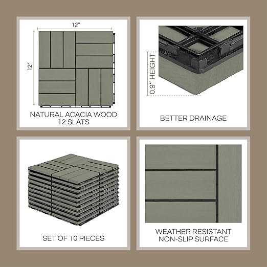 10 Pcs Deck Tiles, Patio Flooring - Outdoor Waterproof Acacia Wood Tiles for All Weather Use - Balcony, Backyard, Indoor & Outdoor (Green Crossed Pattern, 10 Square Ft)