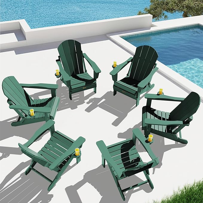 SERWALL Foldable Adirondack Chair Set of 2 for Patio Garden All Weather Adirondack Chairs with Cup Holder Outdoors Fire Pit Chairs-Green