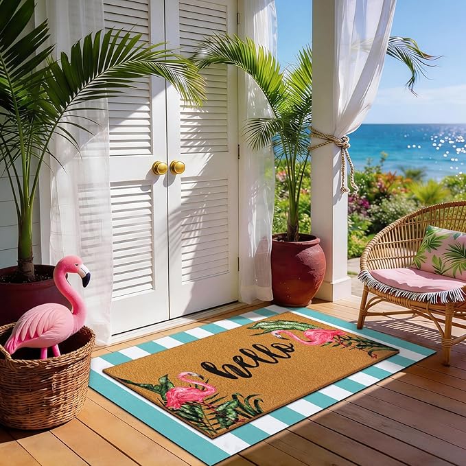 Tinideya 2 Pcs Door Mat Welcome Non Slip Coir Mats Floor Layering Doormats Seasonal for Front Porch Entryway Decor (Hello Flamingo)
