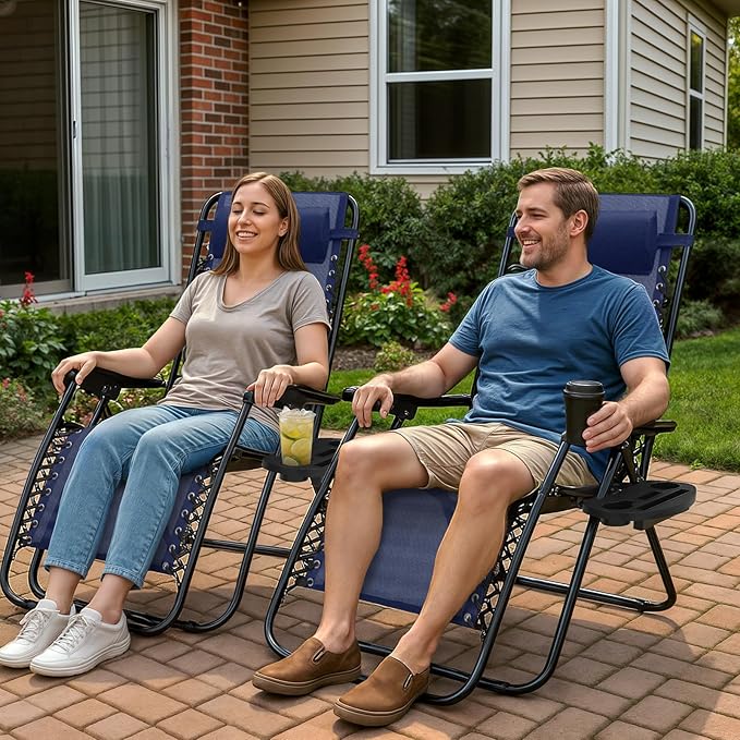 Magshion Zero Gravity Lounge Chairs Set of 2, Outdoor Patio Reclining Chair with Side Tray, Adjustable Anti-Gravity Recliners with Pillow Headrest, Folding Lounger for Lawn Camping Beach, Navy Blue