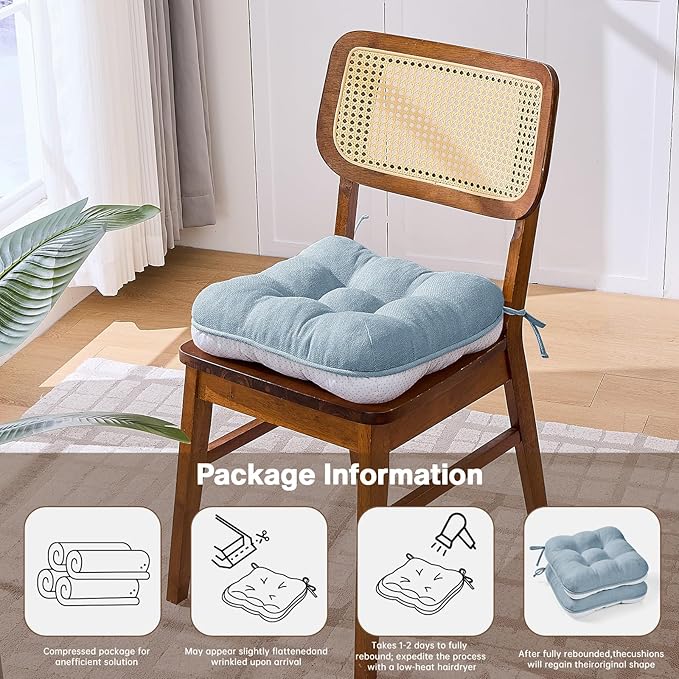 BETU Chair Cushions for Dining Chairs Set of 6,3.5" Thick Kitchen Table Chair Pads with Ties,Non Slip Backing and Covers, Seat Cushion for Dining Room,Bar,Patio Chairs,16"X16"X3.5",Smoky Blue