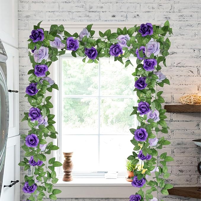 2 Pack 16FT Artificial Rose Garland - Dual Tone Light/Dark Purple Silk Flower Vines for Wedding Arch, Mother's Day, Home Office Décor (32 Roses)