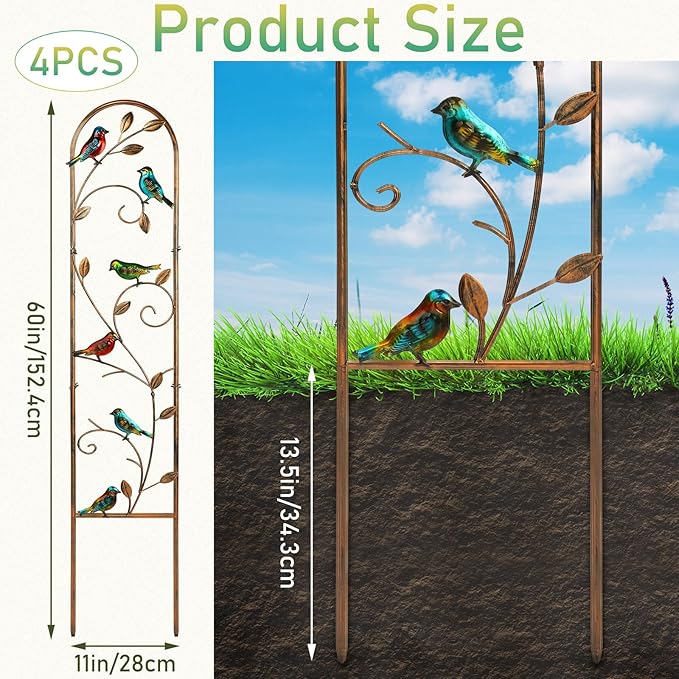 Blulu 4 Pack Metal Garden Trellis for Climbing Plants, 60x11 Detachable Rustproof Arched Fence Flower Vegetable Plant Stand for Outdoor Patio Yard Lawn Decorative(Hummingbird)