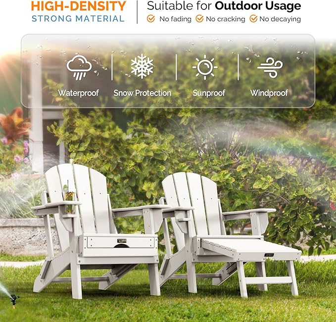 VINGLI Folding Adirondack Chair Set of 4 with Ottoman, Waterproof Plastic HDPE Firepit Chair for Outside with Hidden Footrests, Foldable Ergonomics Seating for Patio Porch Yard Garden(White)