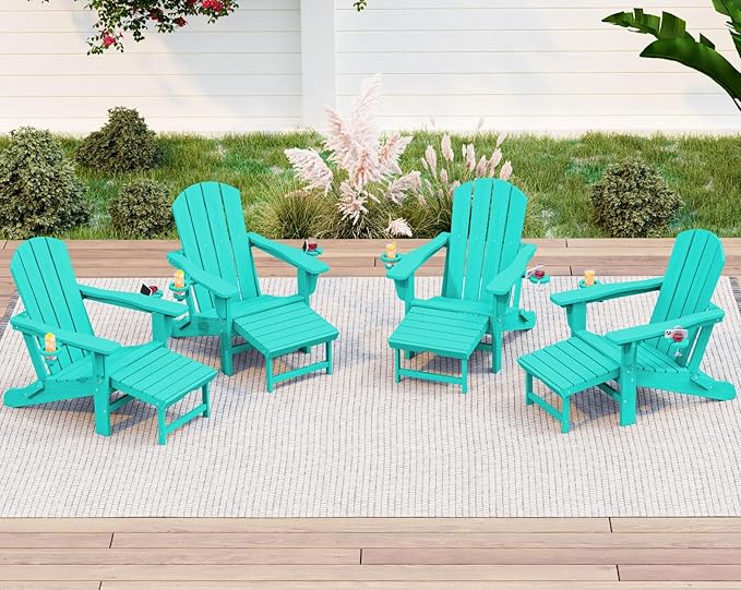 KINGYES Folding Adjustable Adirondack Chair with Retractable Ottoman Set of 4, HDPE Adirondack Recliner Chair with Footrest, Aruba