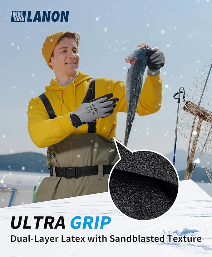 LANON Waterproof Winter Work Gloves, Double Latex Coated, Thermal Insulated Freezer Gloves for Cold Weather, Heavy Duty, Non-Slip Grip, Wrist Closure, Grey,M