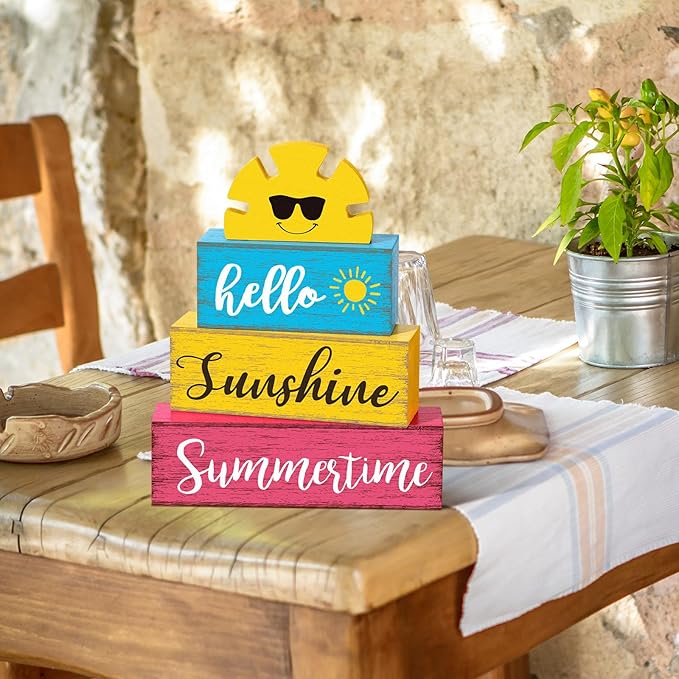 Summer Table Decor Hello Sunshine Wooden Block Sign Farmhouse Summertime Beach Tiered Tray Decor Rustic Table Centerpieces Summer Decorations for Home Desk Shelf Mantle Office Decorations