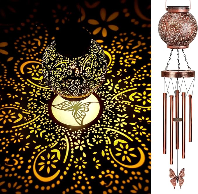 YHmall Solar Wind Chimes for Outside, Hanging Memorial Wind Chimes for Mom Women Grandma, Flower Solar Lantern Windchimes Outdoors for Garden Decor