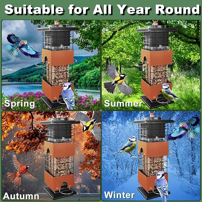 Squirrel Proof Bird Feeder,3Lbs Metal Birdfeeders Squirrel Proof with 4 Feeding Ports for Outside, Birds Seed Feeder for Outdoors, Cardinal, Finch, Sparrow (Brown)