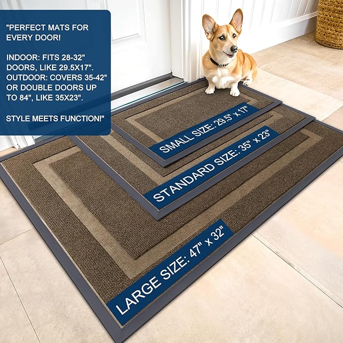 OLANLY Front Door Mat Indoor Outdoor Entrance, Waterproof All-Season, All-Weather Doormat, Sturdy Natural Rubber, Fade Resistant, Low Profile, Easy Clean Patio Porch Entryway Mat, 71x34, Brown