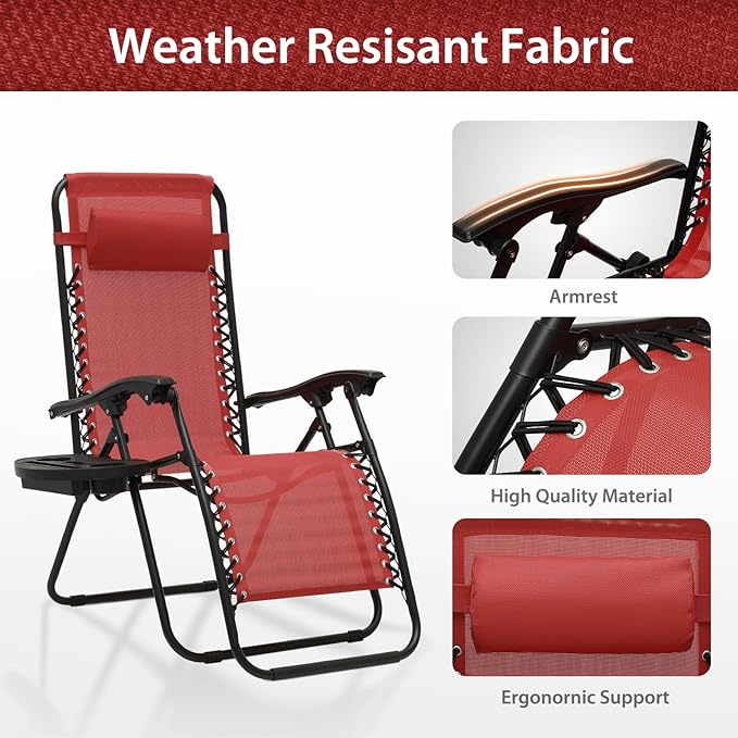 Zero Gravity Chairs, Portable Folding Reclining Lounge Chairs with Adjustable Pillow and Cup Holder Trays for Outdoor, Patio, Beach, Camping, Garden, Poolside, Wine Red