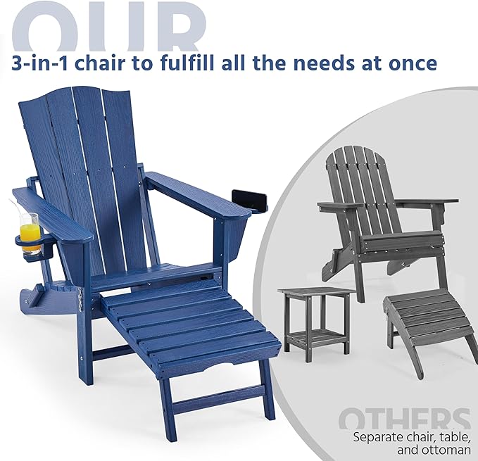 Yaheetech Adirondack Chair with Retractable Ottoman, All Weather Patio Folding Fire Pit Chair with Cup Holder and Phone Holder for Outdoor Poolside, Navy Blue, 2 pcs