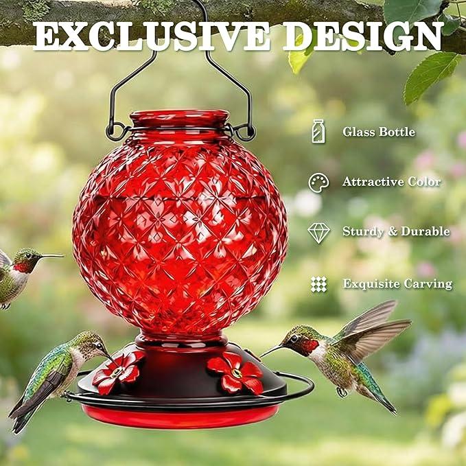 Glass Hummingbird Feeder for Outdoors Hanging, 2 Pack 25 OZ Humming Bird Nectar Feeder with 4 Bee Guard Feeding Ports & Built-in Ant Moat, Bird Feeder for Outside, Gifts for Women Mom, Red
