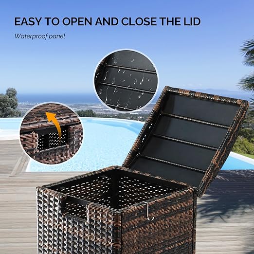 VINGLI 33 Gallon Outdoor Trash Can with Convenient Lid, Rattan Garbage Container with Side Hook, Weatherproof Patio Trash Can for Graden, Yard, Patio, Brown