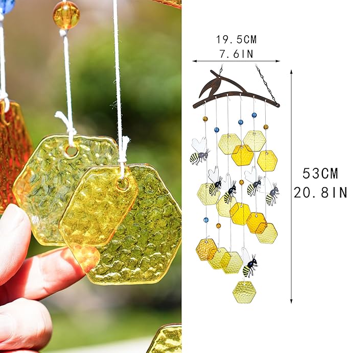 YU FENG 20" Bee Wind Chime for Outside Honeycomb Bees Decorative Hanging Suncatcher for Garden Patio Yard Ornament for Christmas Tree