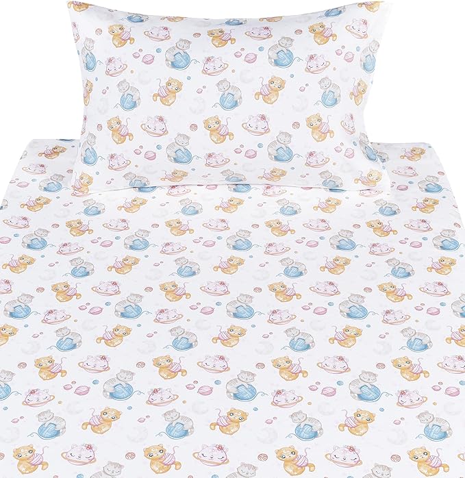 Scientific Sleep Space Cats Planet Kitty Cute Fun 100% Cotton Cozy Twin Bed Sheet Set, Flat Sheet & Fitted Sheet & Pillowcase Natural Bedding Set (Planet Cat, Twin)