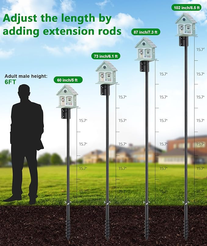 Heavy Duty Bird Feeder Pole - 60 Inch Adjustable Bird House Pole with Auger Base for Easy Install, 1 inch Diameter Metal Outdoor Mount Kit for Bluebird Houses, Hummingbird Feeders & Wildlife Watching