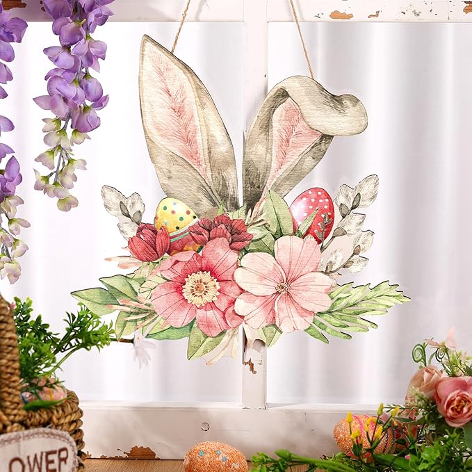 Juexica Easter Door Sign Bunny Ear Hanging Decor Easter Flower Wooden Sign Wall Hanging Decorations for Front Door Wood Porch Decor Wall Pediments