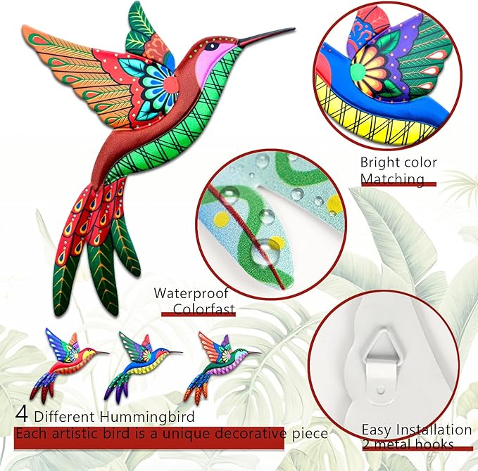 Outdoor Metal Wall Art - 3D Metal Hummingbird Wall Decor - Fence Decorations Outdoor - Decorations for Garden Fence Backyard Bedroom Patio Living Room,Gift for Family Friends(4 Pack)
