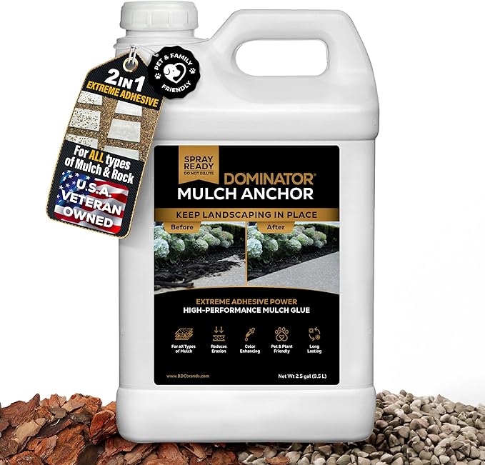 DOMINATOR Mulch Anchor 2.5 Gallons - Mulch Glue and Pea Gravel Stabilizer, Ready to Use Spray, Lasts up to 2 Years, Fast-Dry, Non-Toxic, Strong Mulch Glue for Landscapes