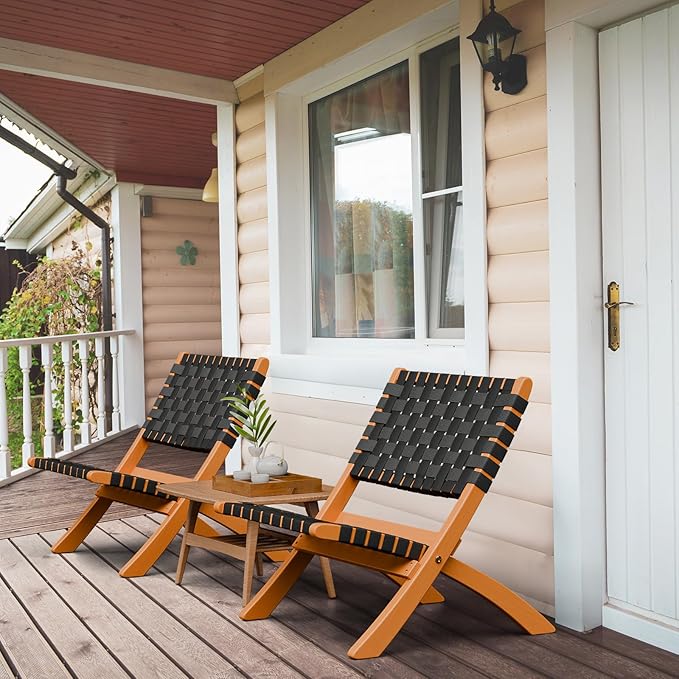 VINGLI Wooden Outdoor Chairs, Portable Rattan Folding Chair with Low Webbing Seat and Backrest, Adirondack Chairs, Ideal for Patio, Lawn, Garden, Fishing, Black, 2 Pack