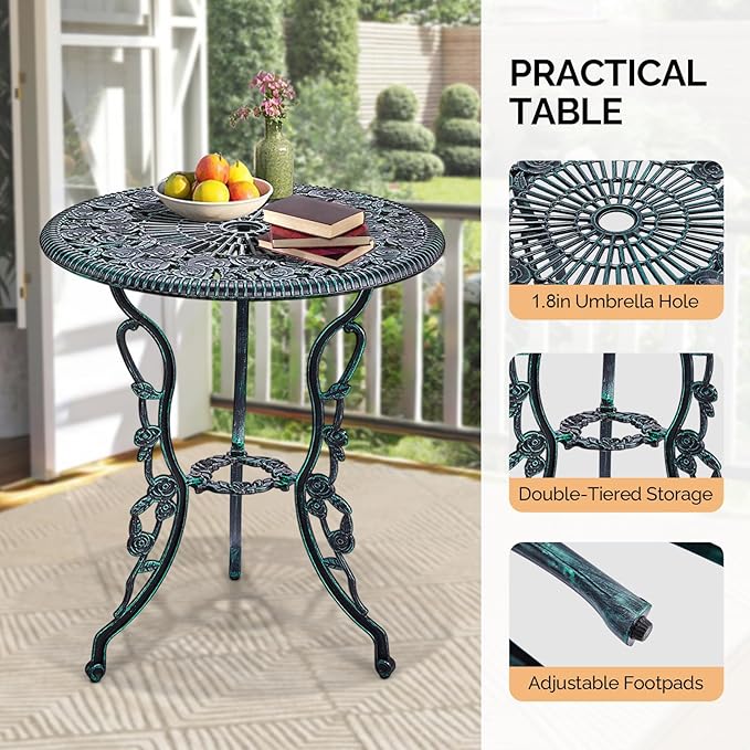 VINGLI 3 PCS Outdoor Bistro Set, Outdoor Patio Set, All-Weather Cast Aluminum Bistro Table Set, Bistro Table and Chairs Set of 2 for Backyard, Garden, Balcony (Green, Rose)