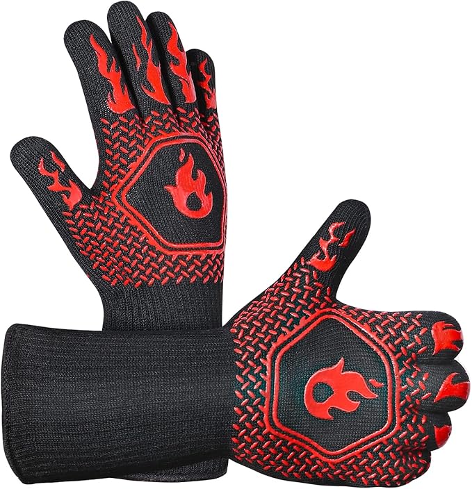 BBQ Grill Gloves : 1472 ℉ High Temp Resistance Fireproof Glove for Grilling Barbecue - Washable Long Silicone Oven Mitts Extreme Hot Proof Mittens for Kitchen Cooking Baking