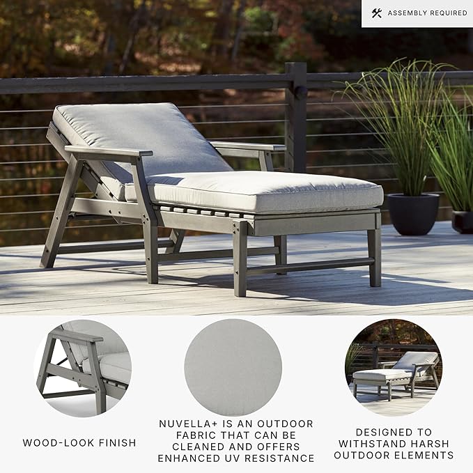 Signature Design by Ashley Visola Contemporary Outdoor Cushioned Chaise Lounge with Adjustable Backrest, Nuvella Weather Resistant Fabric, Gray