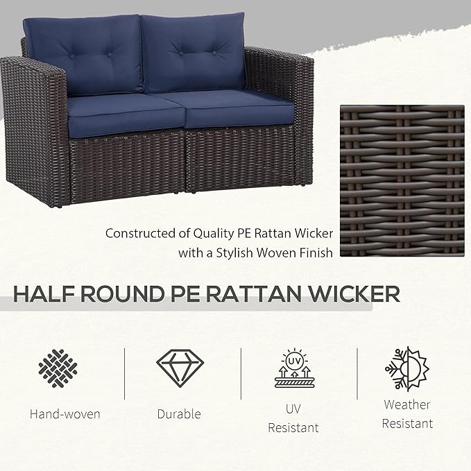 Outsunny 2 Piece Patio Wicker Corner Sofa Set, Outdoor PE Rattan Furniture, with Curved Armrests and Padded Cushions for Balcony, Garden, or Lawn, Dark Blue