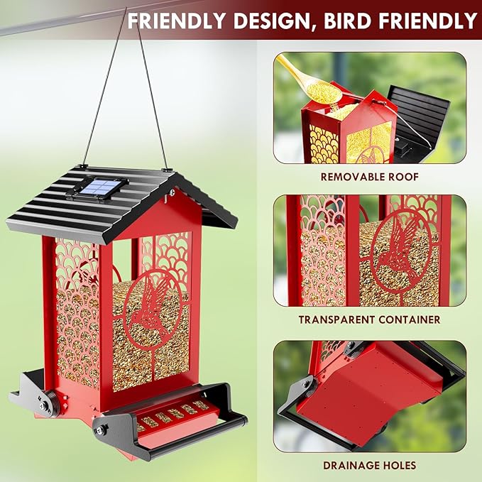 Squirrel Proof Bird Feeder for Outdoors Hanging with Solar Light, 5LB Capacity Metal Feeders, Bilateral Weight Activated Perches, Four Sided Hollow, Ideal for Bird Lovers