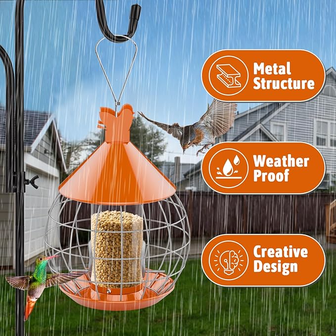 Bird Feeder for Outdoor, Squirrel Proof Bird Feeder for Outdoors Hanging, Weatherproof, Easy to Clean & Refill, Large Capacity Metal Seed Feeder for Finch, Blue Jay, Hummingbird, Orange