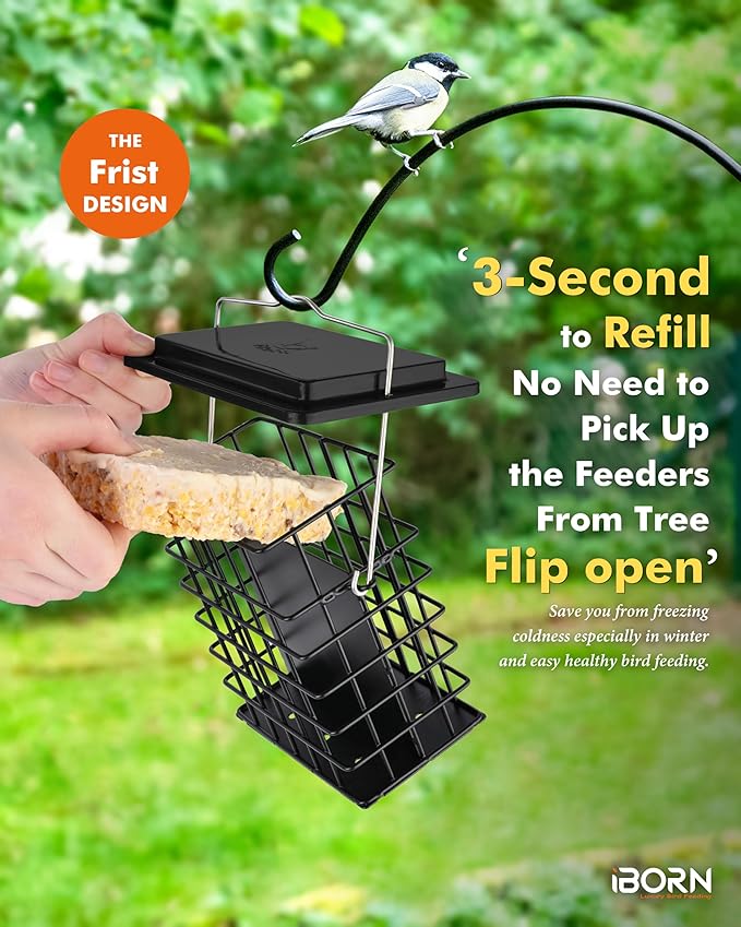 iBorn Double Suet Feeder for Outside Hanging,Weatherproof Suet Feeders,Suet Holder with Taller Grid for Woodpecker, Suet Cage Bird Feeders for Outdoors,Easy to Clean & Refill,All Metal,Black