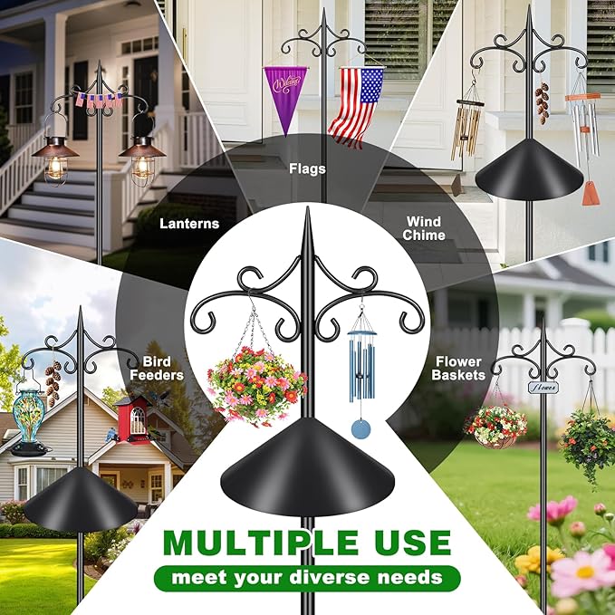 Heavy Duty Double Shepherd Hooks Squirrel Proof for Outdoor with 5-Prong Base, 88inch Adjustable Decorative Metal Bird Feeder Pole with Baffle for Hanging Bird Nests, Plant Baskets,1 Pack