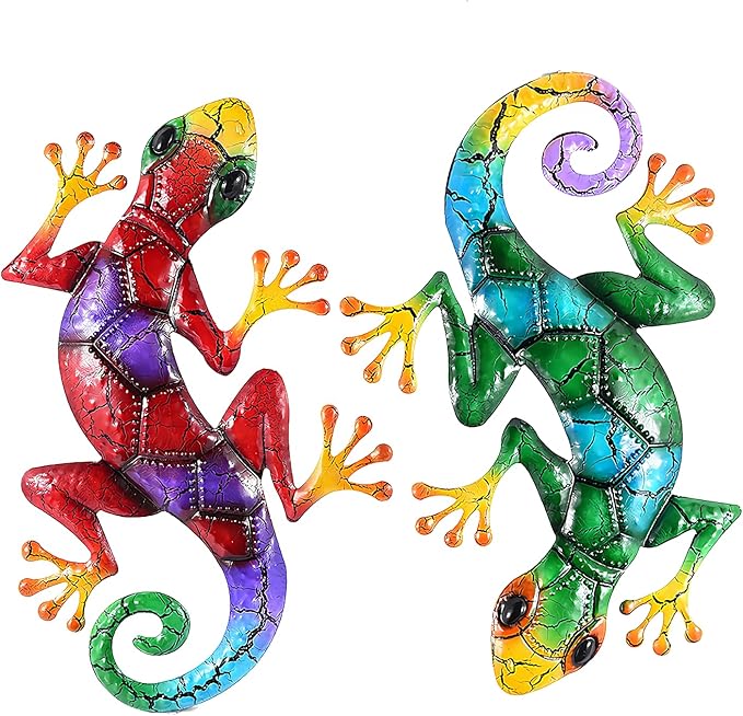 2 Piece Metal Gecko Wall Decor, Lizard Outdoor Wall Art,Colorful Gecko Wall Art Hanging Indoor and Outdoor, Patio Garden Fence Home Decor (17 inch)